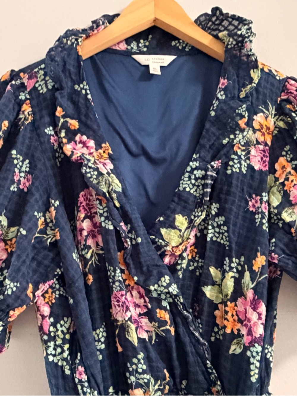 LC Lauren Conrad Navy Floral Wrap Maxi Dress with Pink & Green Blooms - Picture 2 of 7
